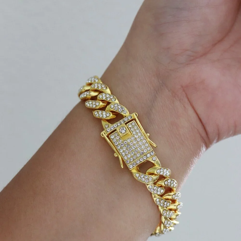 MAYDEAL 12.5MM 8inches Cuban Curb Diamond Chain‎ Gold Plated Bracelet
